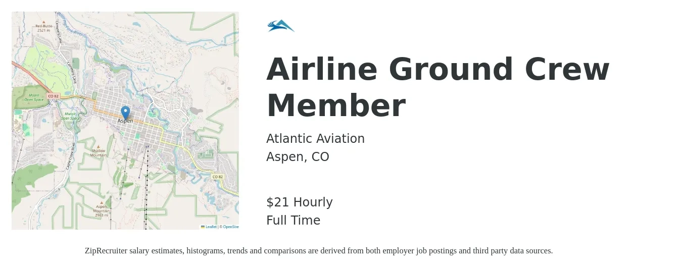 Atlantic Aviation job posting for a Airline Ground Crew Member in Aspen, CO with a salary of $22 Hourly with a map of Aspen location.