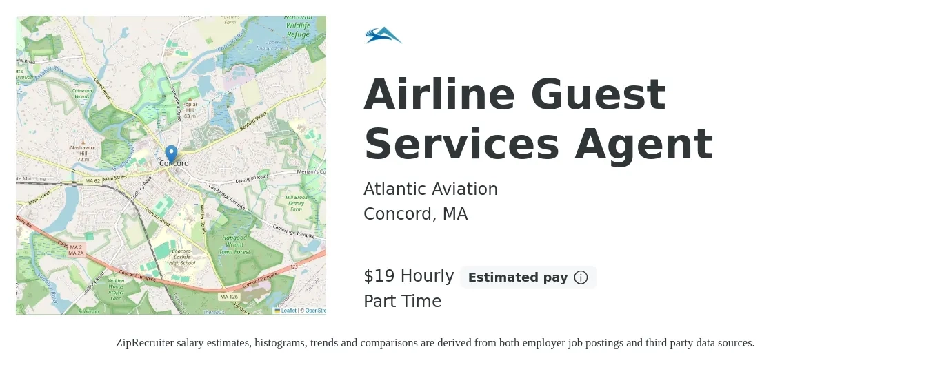 Atlantic Aviation job posting for a Airline Guest Services Agent in Concord, MA with a salary of $20 Hourly with a map of Concord location.