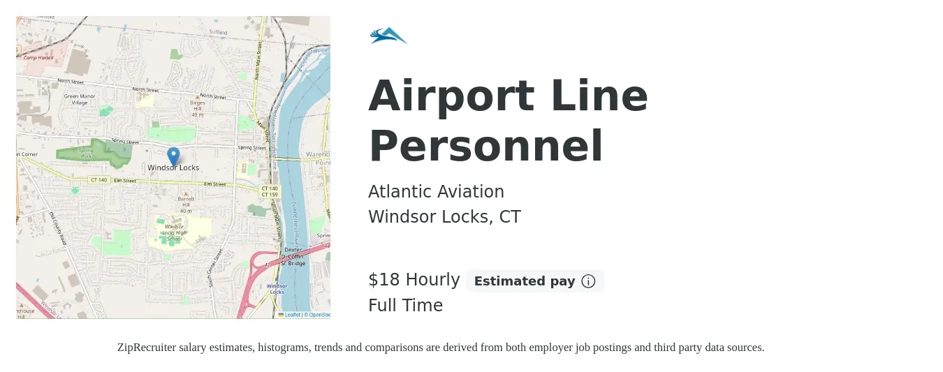 Atlantic Aviation job posting for a Airport Line Personnel in Windsor Locks, CT with a salary of $19 Hourly with a map of Windsor Locks location.