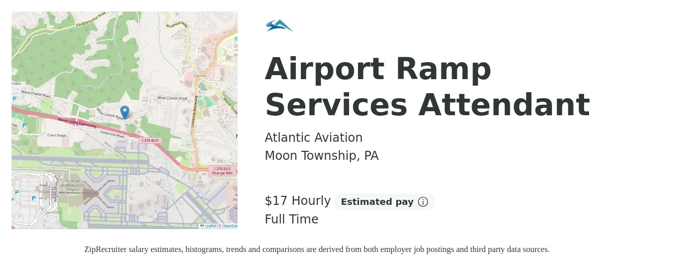 Atlantic Aviation job posting for a Airport Ramp Services Attendant in Moon Township, PA with a salary of $18 Hourly with a map of Moon Township location.