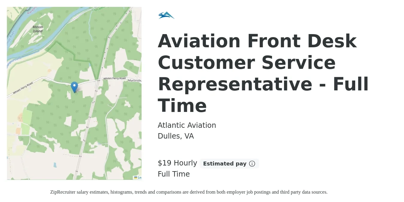 Atlantic Aviation job posting for a Aviation Front Desk Customer Service Representative - Full Time in Dulles, VA with a salary of $20 Hourly with a map of Dulles location.