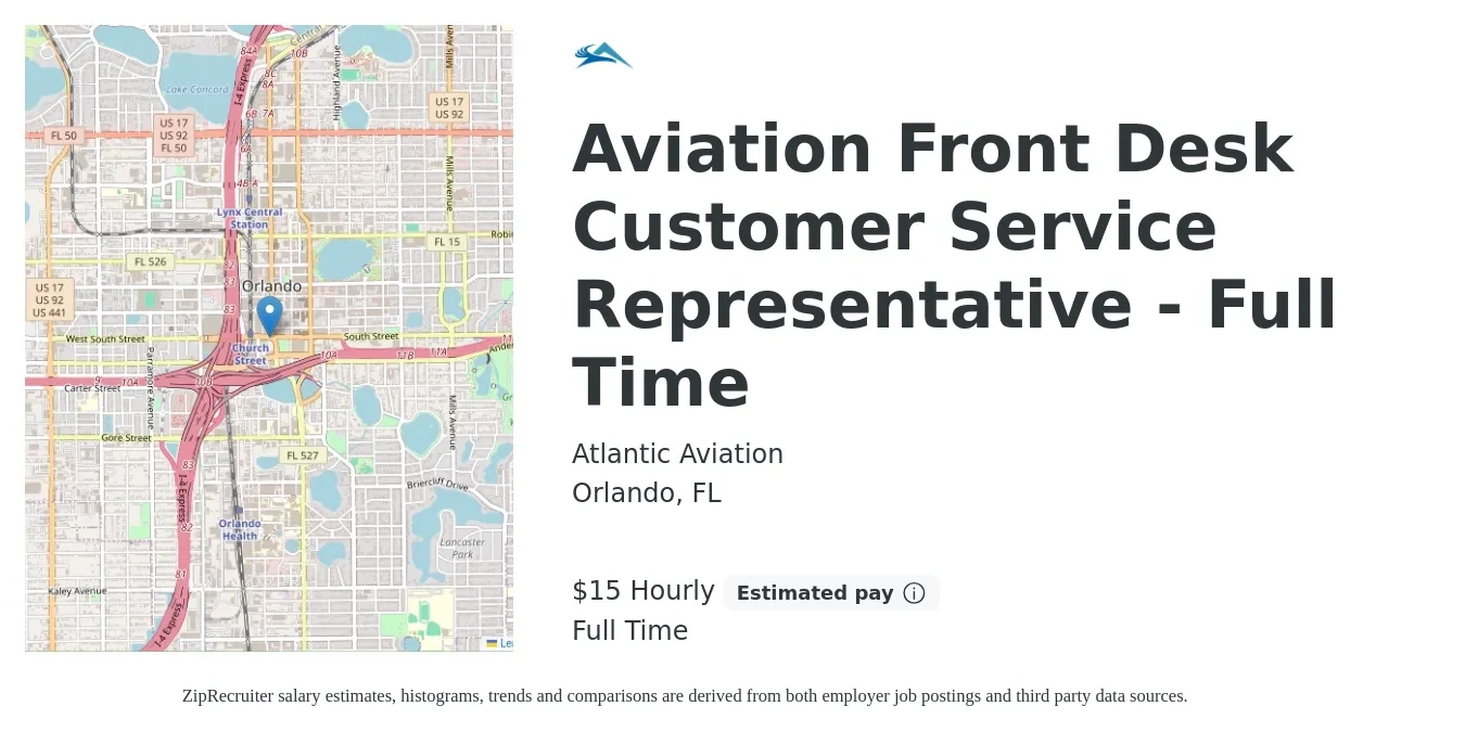 Atlantic Aviation job posting for a Aviation Front Desk Customer Service Representative - Full Time in Orlando, FL with a salary of $16 Hourly with a map of Orlando location.