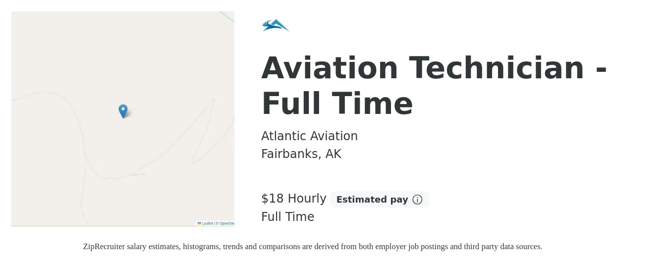 Atlantic Aviation job posting for a Aviation Technician - Full Time in Fairbanks, AK with a salary of $19 Hourly with a map of Fairbanks location.