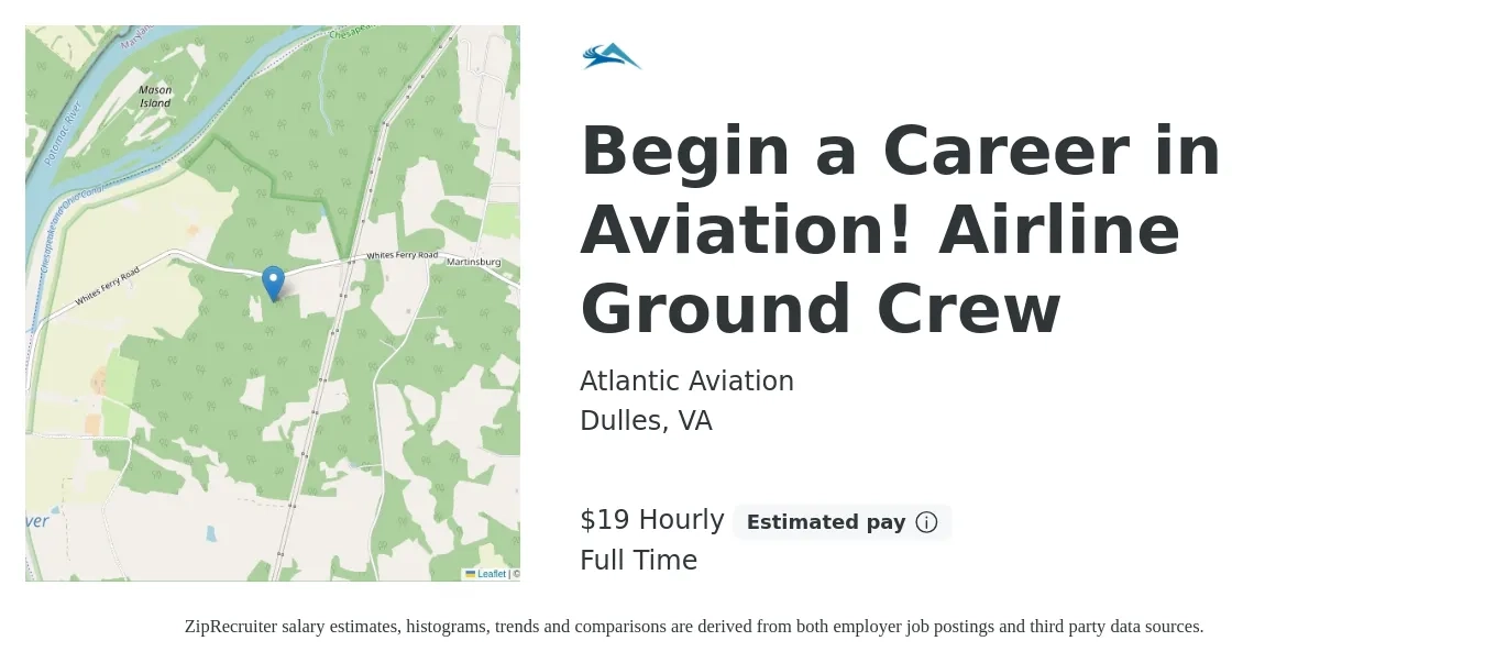 Atlantic Aviation job posting for a Begin a Career in Aviation! Airline Ground Crew in Dulles, VA with a salary of $20 Hourly with a map of Dulles location.
