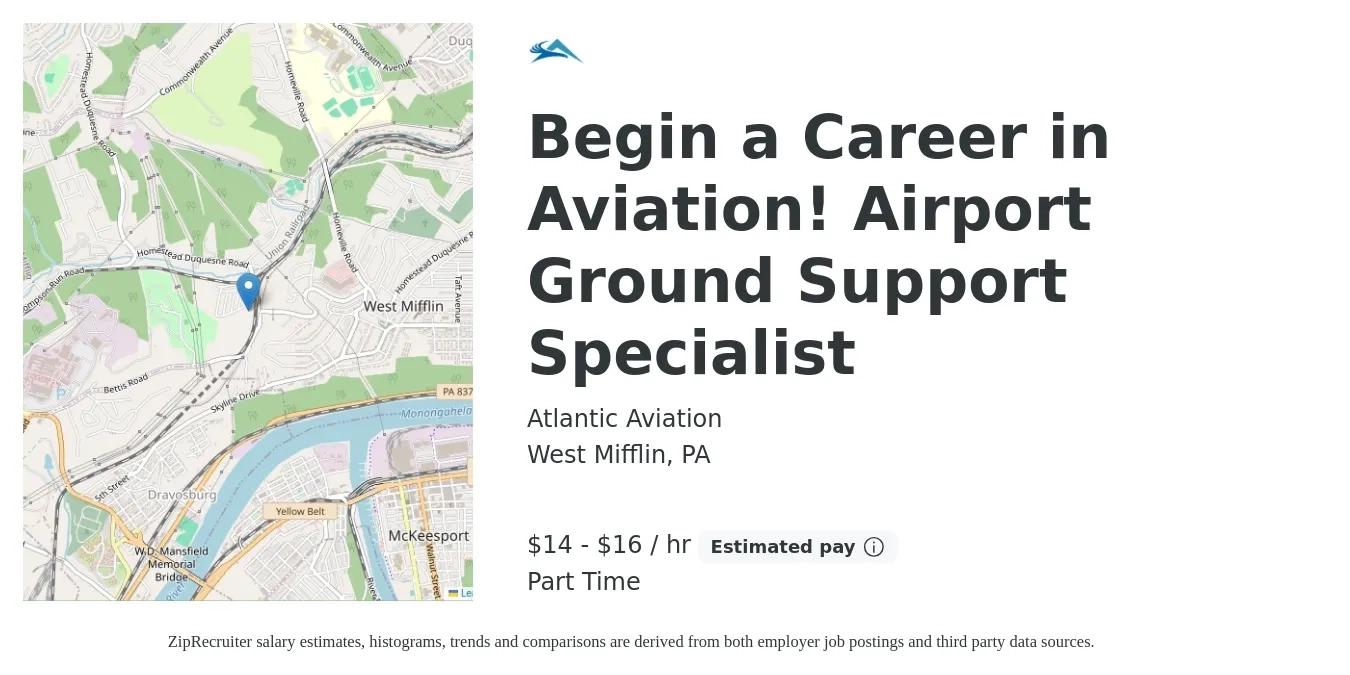 Atlantic Aviation job posting for a Begin a Career in Aviation! Airport Ground Support Specialist in West Mifflin, PA with a salary of $16 to $17 Hourly with a map of West Mifflin location.