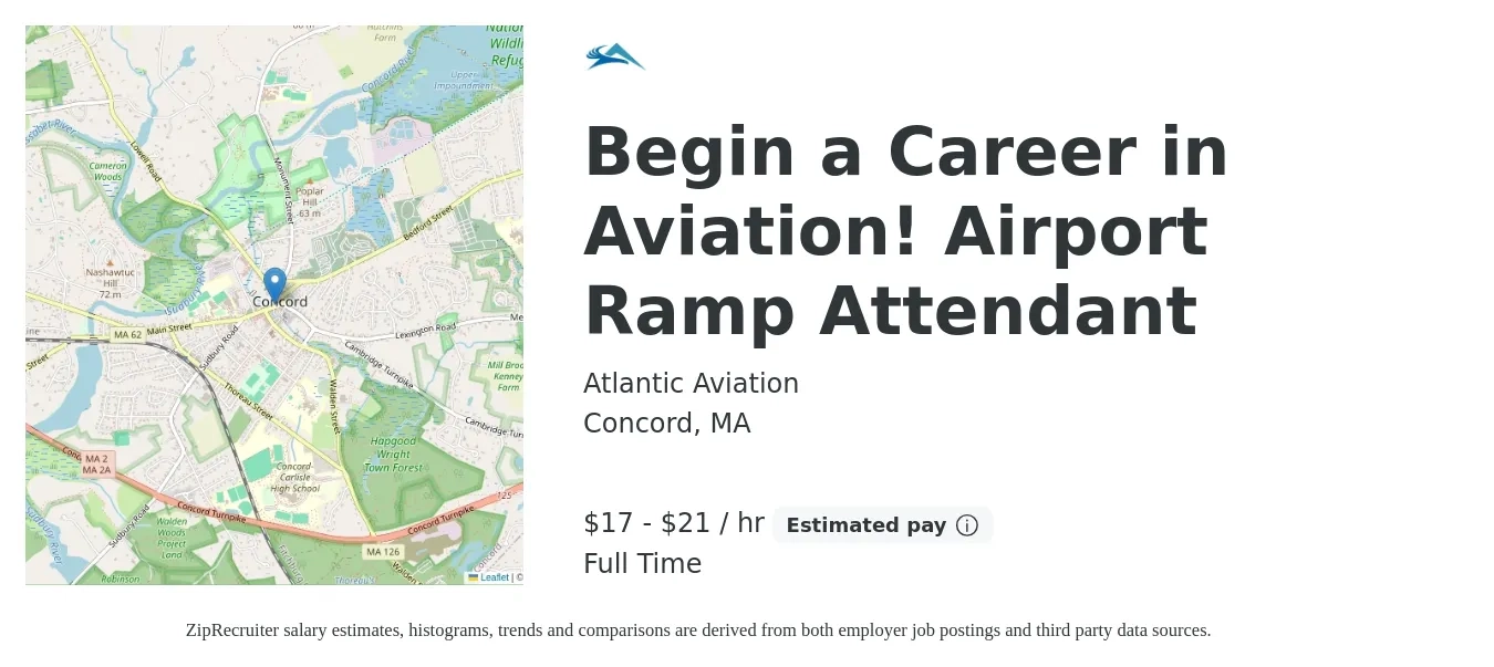 Atlantic Aviation job posting for a Begin a Career in Aviation! Airport Ramp Attendant in Concord, MA with a salary of $18 to $22 Hourly with a map of Concord location.