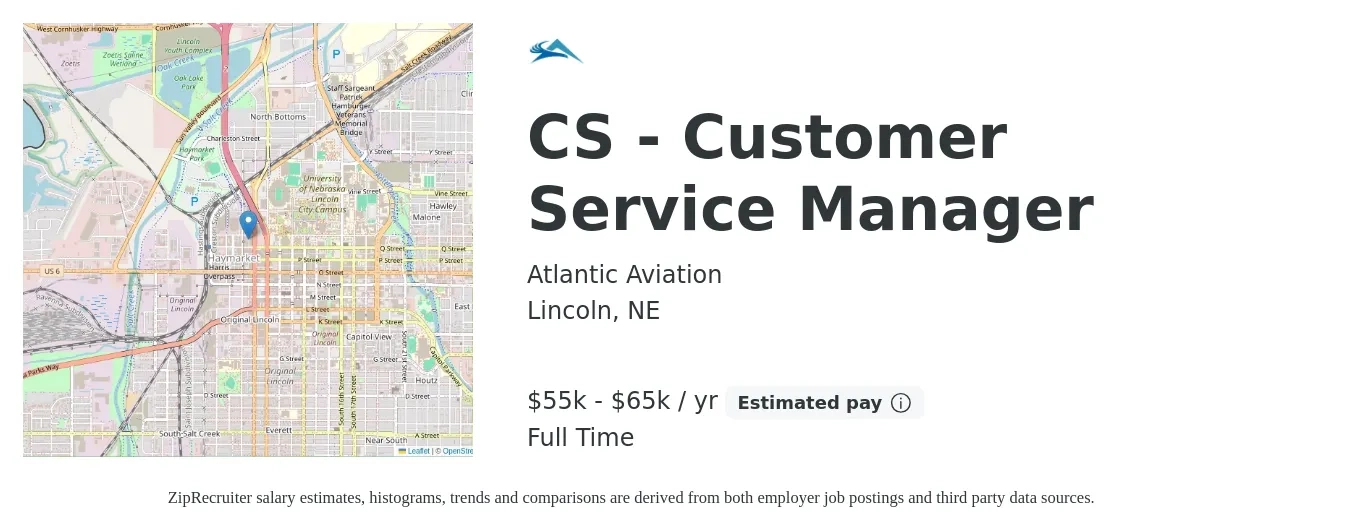 Atlantic Aviation job posting for a CS - Customer Service Manager in Lincoln, NE with a salary of $55,000 to $65,000 Yearly with a map of Lincoln location.