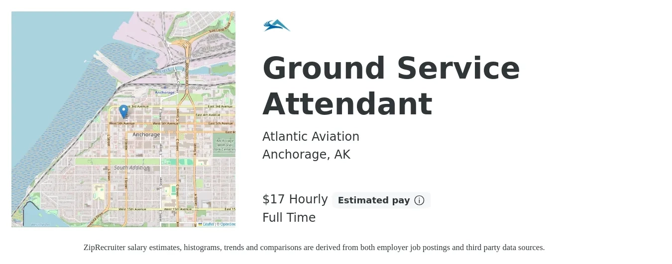 Atlantic Aviation job posting for a Ground Service Attendant in Anchorage, AK with a salary of $18 Hourly with a map of Anchorage location.