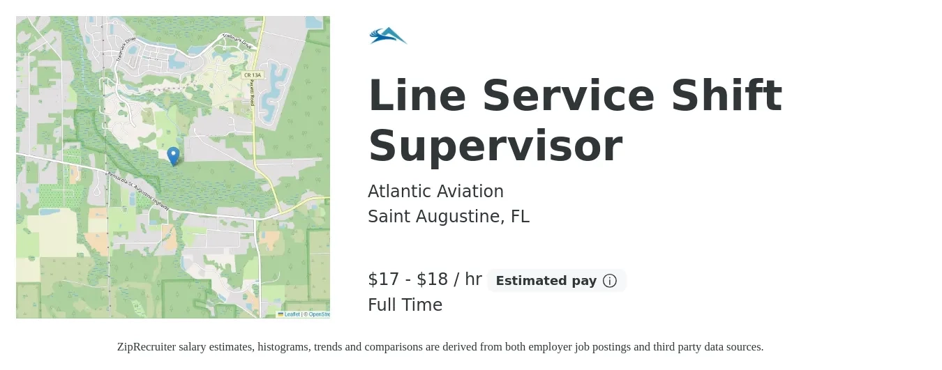 Atlantic Aviation job posting for a Line Service Shift Supervisor in Saint Augustine, FL with a salary of $18 to $19 Hourly with a map of Saint Augustine location.