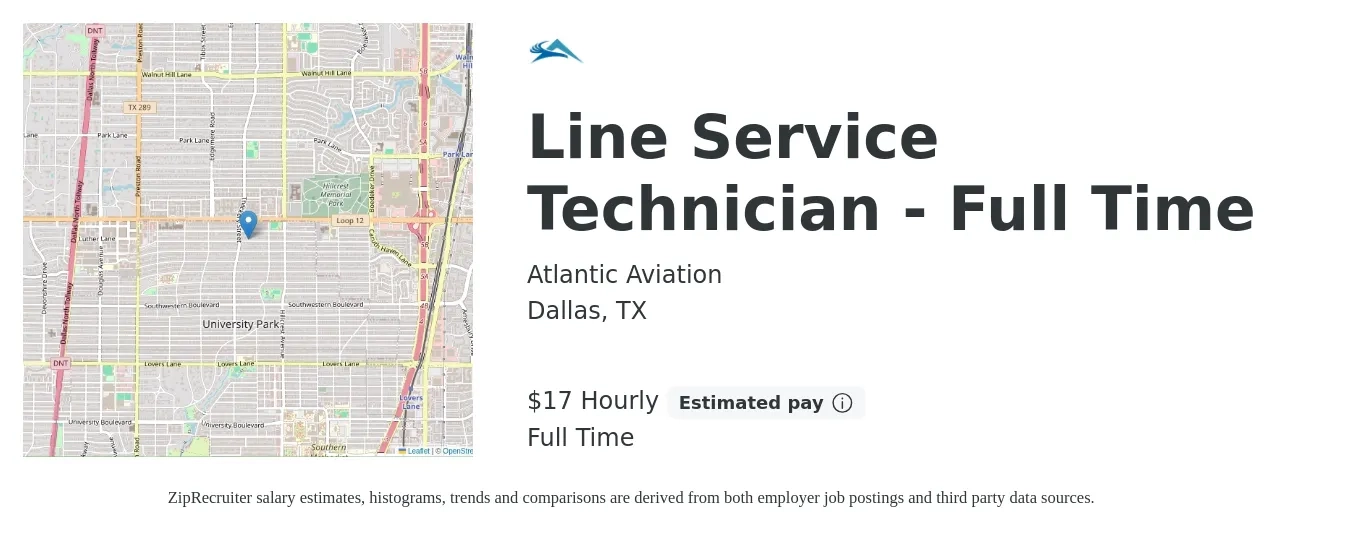 Atlantic Aviation job posting for a Line Service Technician - Full Time in Dallas, TX with a salary of $18 Hourly with a map of Dallas location.
