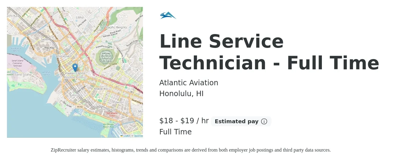 Atlantic Aviation job posting for a Line Service Technician - Full Time in Honolulu, HI with a salary of $19 to $20 Hourly with a map of Honolulu location.