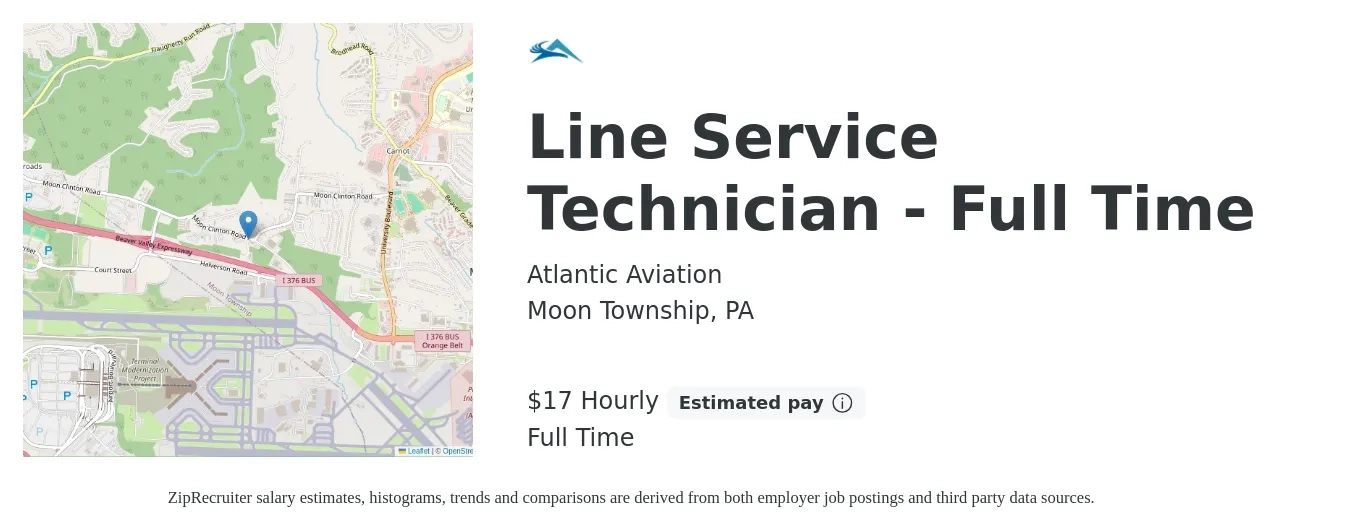Atlantic Aviation job posting for a Line Service Technician - Full Time in Moon Township, PA with a salary of $18 Hourly with a map of Moon Township location.