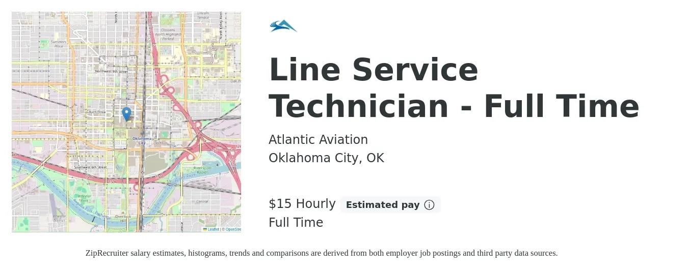 Atlantic Aviation job posting for a Line Service Technician - Full Time in Oklahoma City, OK with a salary of $16 Hourly with a map of Oklahoma City location.