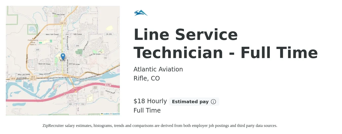 Atlantic Aviation job posting for a Line Service Technician - Full Time in Rifle, CO with a salary of $19 Hourly with a map of Rifle location.
