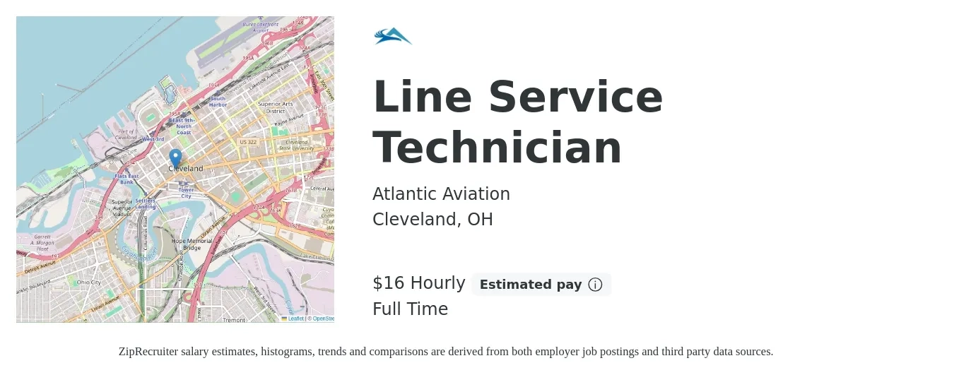 Atlantic Aviation job posting for a Line Service Technician in Cleveland, OH with a salary of $18 Hourly with a map of Cleveland location.