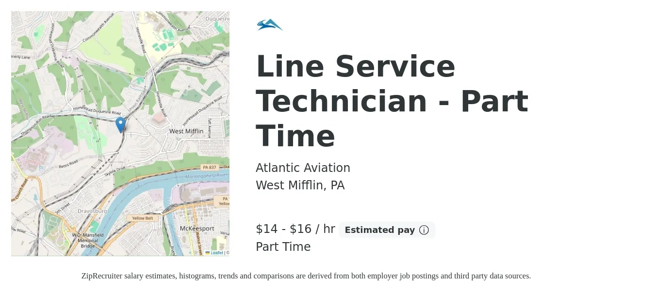 Atlantic Aviation job posting for a Line Service Technician - Part Time in West Mifflin, PA with a salary of $16 to $17 Hourly with a map of West Mifflin location.