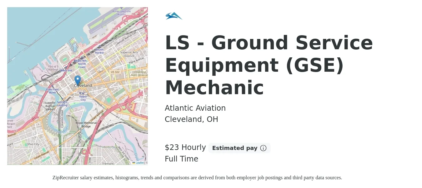 Atlantic Aviation job posting for a LS - Ground Service Equipment (GSE) Mechanic in Cleveland, OH with a salary of $24 Hourly with a map of Cleveland location.