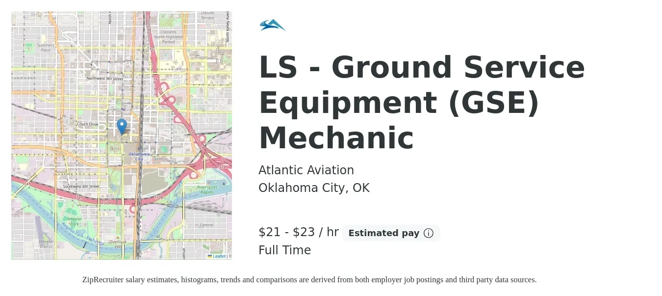 Atlantic Aviation job posting for a LS - Ground Service Equipment (GSE) Mechanic in Oklahoma City, OK with a salary of $22 to $24 Hourly with a map of Oklahoma City location.