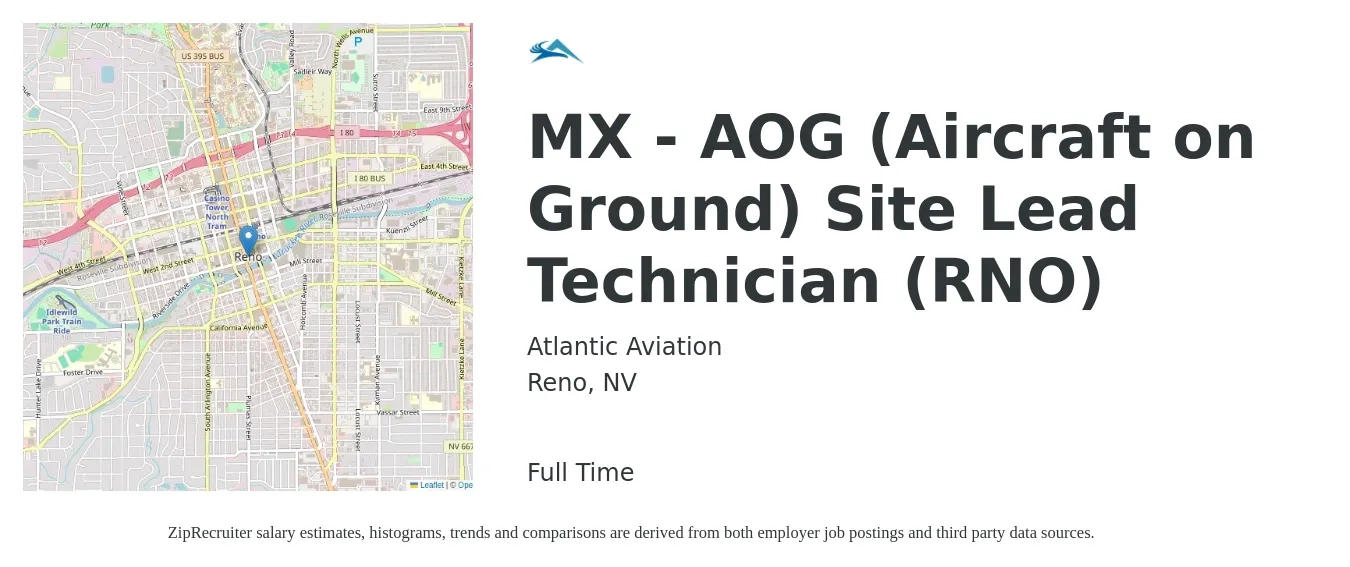 Atlantic Aviation job posting for a MX - AOG (Aircraft on Ground) Site Lead Technician (RNO) in Reno, NV with a salary of $19 to $32 Hourly with a map of Reno location.