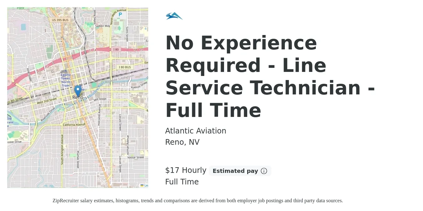Atlantic Aviation job posting for a No Experience Required - Line Service Technician - Full Time in Reno, NV with a salary of $18 Hourly with a map of Reno location.
