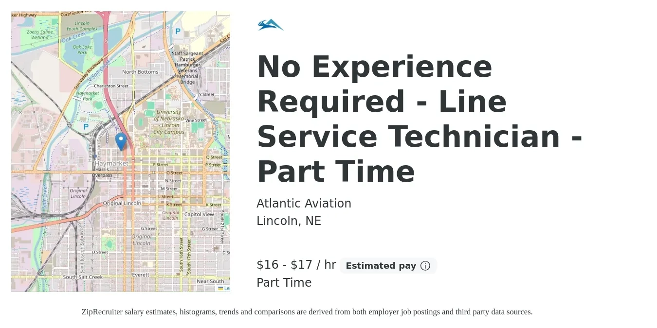 Atlantic Aviation job posting for a No Experience Required - Line Service Technician - Part Time in Lincoln, NE with a salary of $17 to $18 Hourly with a map of Lincoln location.