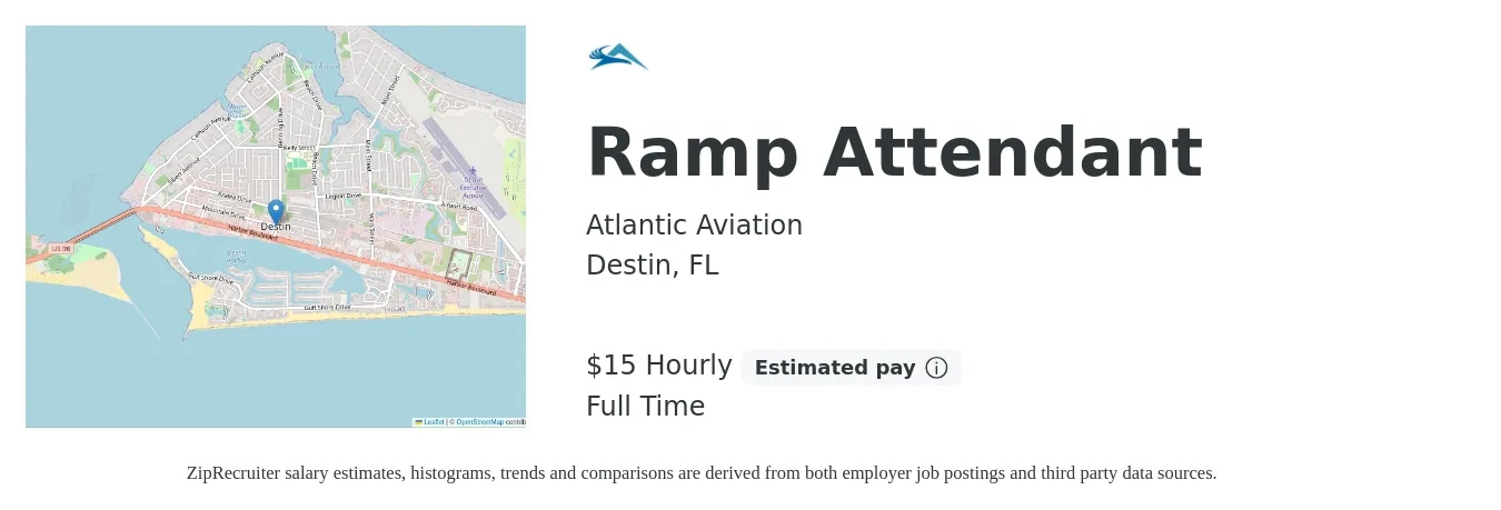 Atlantic Aviation job posting for a Ramp Attendant in Destin, FL with a salary of $16 Hourly with a map of Destin location.