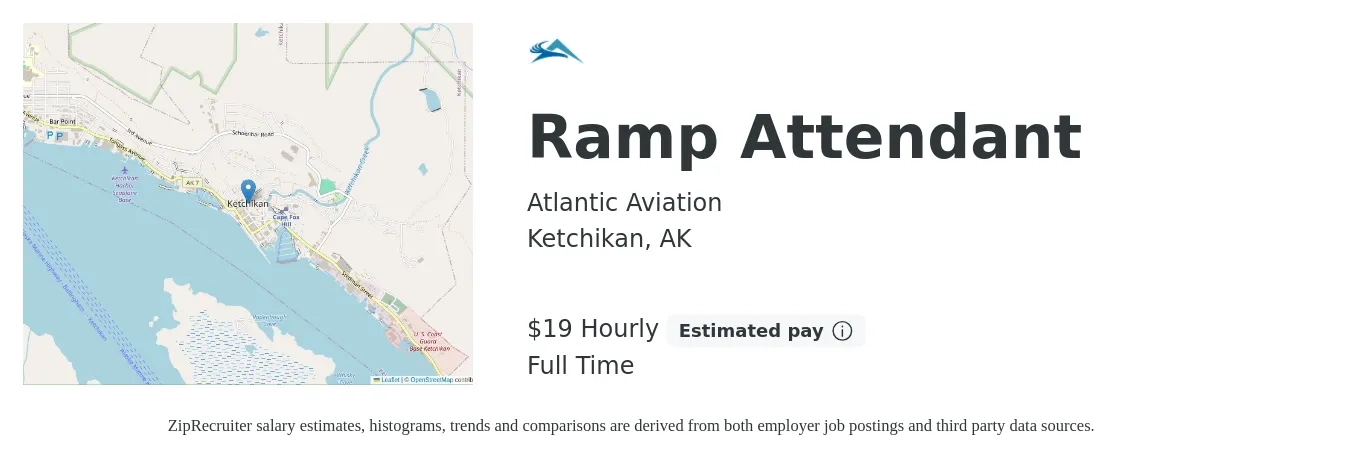 Atlantic Aviation job posting for a Ramp Attendant in Ketchikan, AK with a salary of $20 Hourly with a map of Ketchikan location.