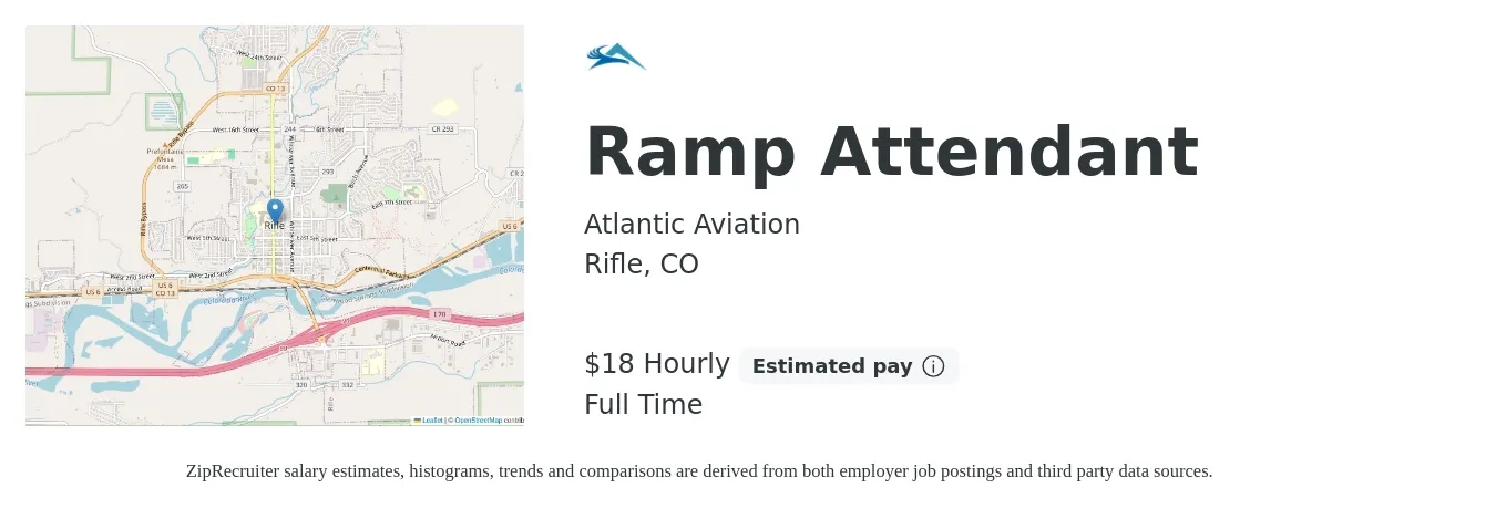 Atlantic Aviation job posting for a Ramp Attendant in Rifle, CO with a salary of $19 Hourly with a map of Rifle location.