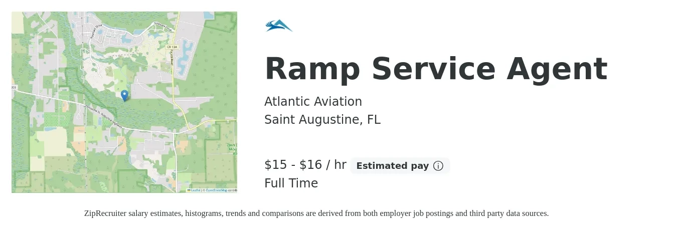 Atlantic Aviation job posting for a Ramp Service Agent in Saint Augustine, FL with a salary of $16 to $17 Hourly with a map of Saint Augustine location.