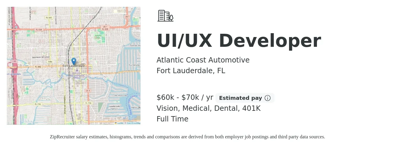 Atlantic Coast Automotive job posting for a UI/UX Developer in Fort Lauderdale, FL with a salary of $60,000 to $70,000 Yearly and benefits including 401k, dental, life_insurance, medical, and vision with a map of Fort Lauderdale location.