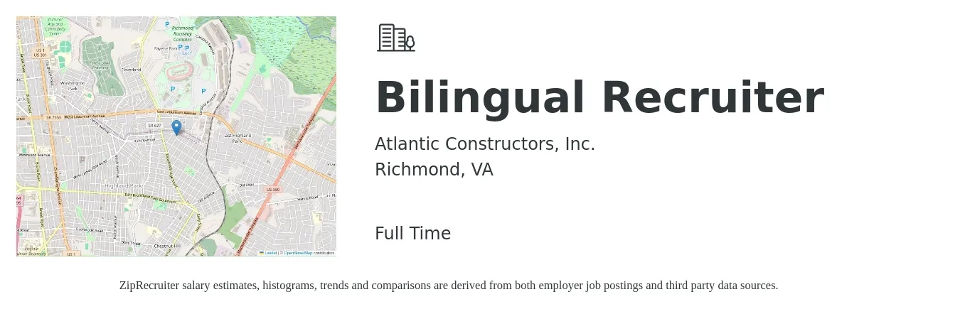 Atlantic Constructors, Inc. job posting for a Bilingual Recruiter in Richmond, VA with a salary of $17 to $22 Hourly with a map of Richmond location.