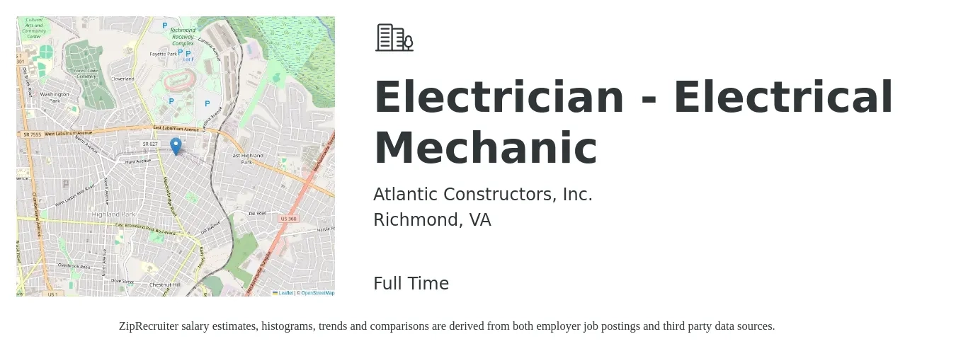 Atlantic Constructors, Inc. job posting for a Electrician - Electrical Mechanic in Richmond, VA with a salary of $25 to $31 Hourly with a map of Richmond location.