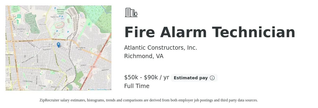 Atlantic Constructors, Inc. job posting for a Fire Alarm Technician in Richmond, VA with a salary of $50,000 to $90,000 Yearly with a map of Richmond location.