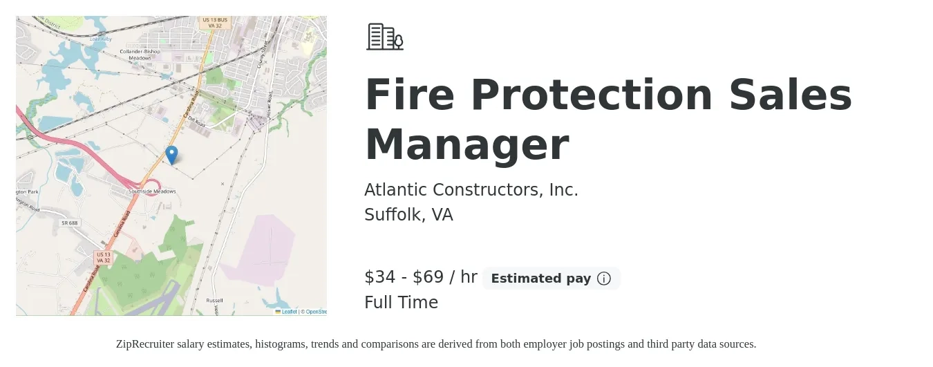 Atlantic Constructors, Inc. job posting for a Fire Protection Sales Manager in Suffolk, VA with a salary of $75,000 to $150,000 Yearly with a map of Suffolk location.