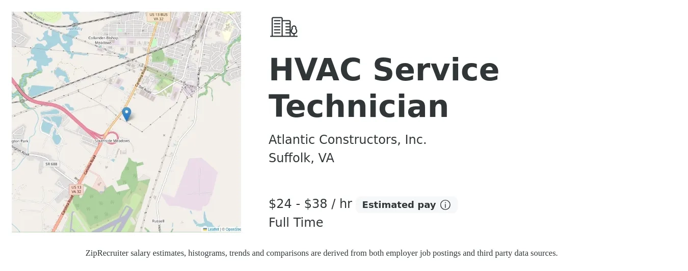 Atlantic Constructors, Inc. job posting for a HVAC Service Technician in Suffolk, VA with a salary of $25 to $40 Hourly with a map of Suffolk location.