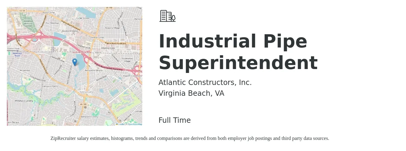 Atlantic Constructors, Inc. job posting for a Industrial Pipe Superintendent in Virginia Beach, VA with a salary of $29 to $37 Hourly with a map of Virginia Beach location.