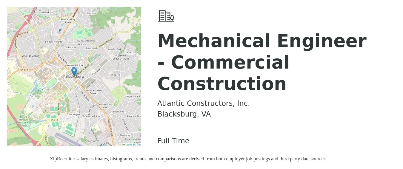 Atlantic Constructors, Inc. job posting for a Mechanical Engineer - Commercial Construction in Blacksburg, VA with a salary of $65,900 to $89,800 Yearly with a map of Blacksburg location.