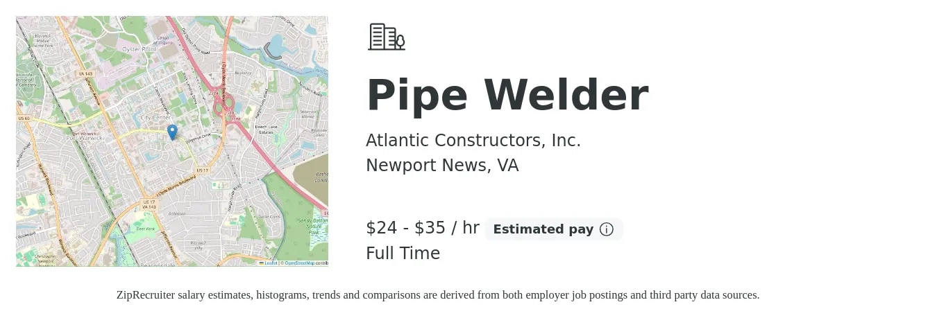 Atlantic Constructors, Inc. job posting for a Pipe Welder in Newport News, VA with a salary of $25 to $37 Hourly with a map of Newport News location.