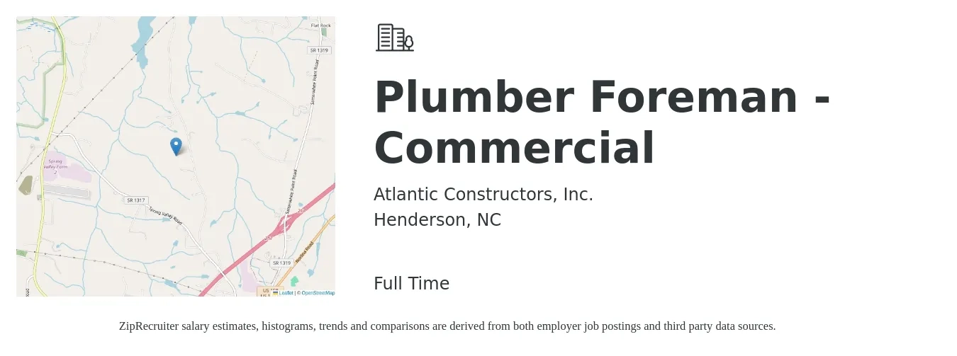 Atlantic Constructors, Inc. job posting for a Plumber Foreman - Commercial in Henderson, NC with a salary of $29 to $42 Hourly with a map of Henderson location.