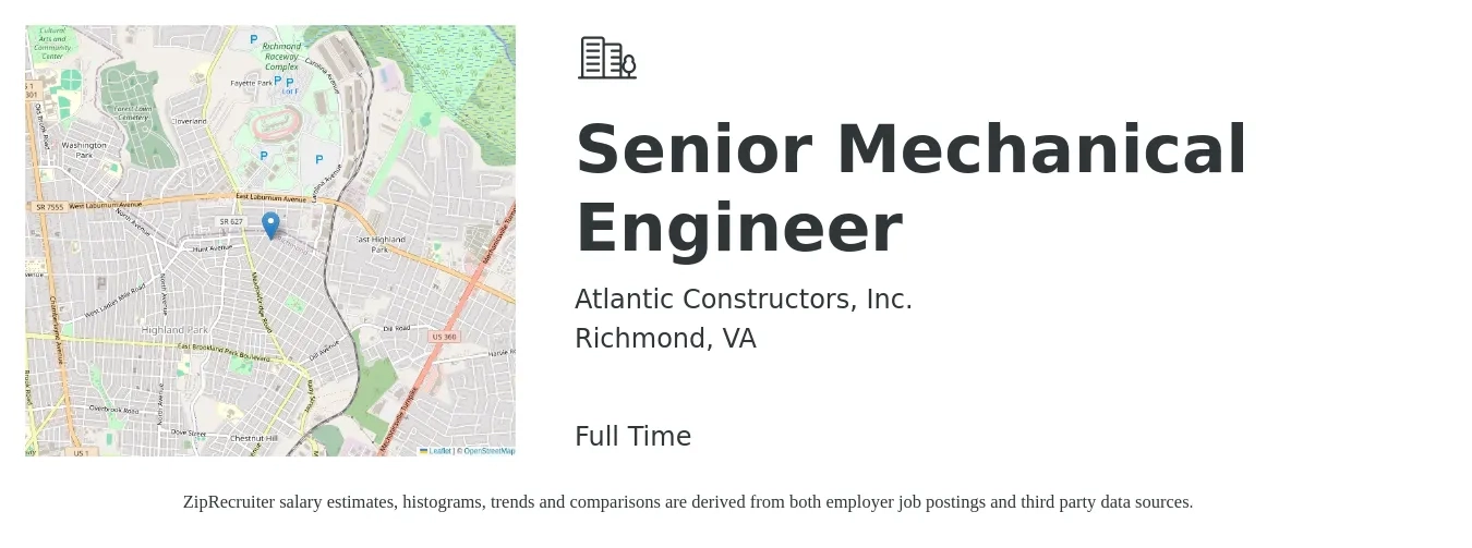 Atlantic Constructors, Inc. job posting for a Senior Mechanical Engineer in Richmond, VA with a salary of $96,100 to $126,900 Yearly with a map of Richmond location.
