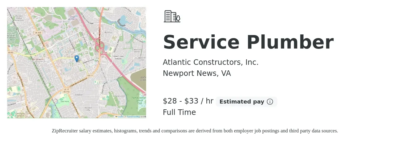 Atlantic Constructors, Inc. job posting for a Service Plumber in Newport News, VA with a salary of $24 to $34 Hourly with a map of Newport News location.