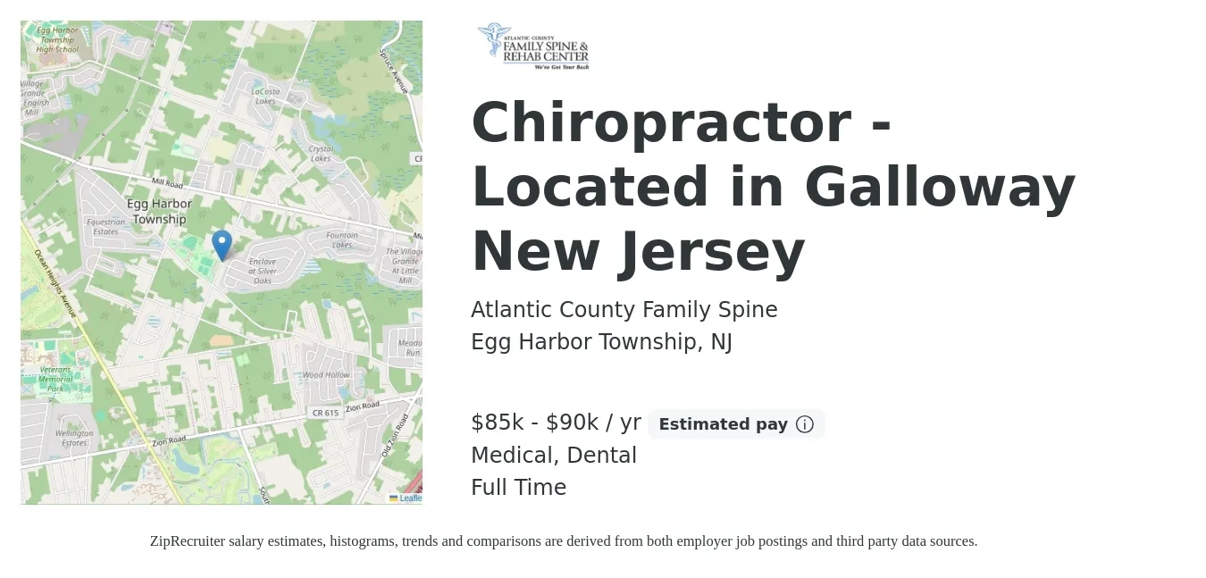 Atlantic County Family Spine job posting for a Chiropractor - Located in Galloway New Jersey in Egg Harbor Township, NJ with a salary of $85,000 to $90,000 Yearly and benefits including medical, retirement, and dental with a map of Egg Harbor Township location.