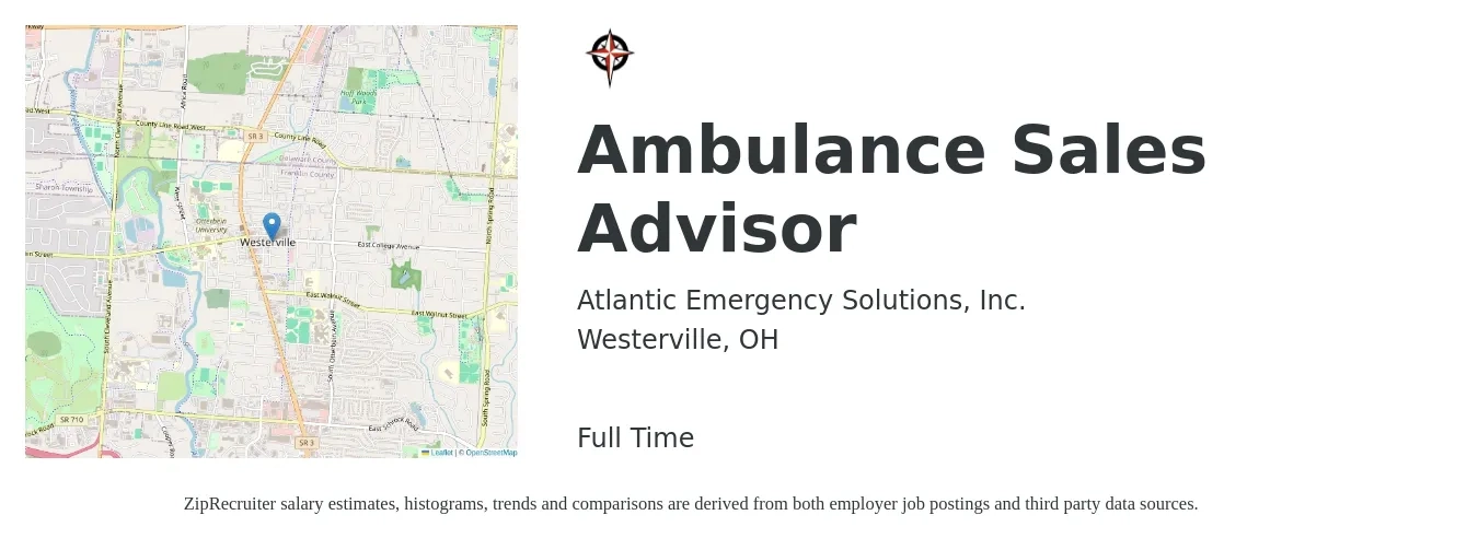 Atlantic Emergency Solutions, Inc. job posting for a Ambulance Sales Advisor in Westerville, OH with a salary of $19 to $32 Hourly with a map of Westerville location.