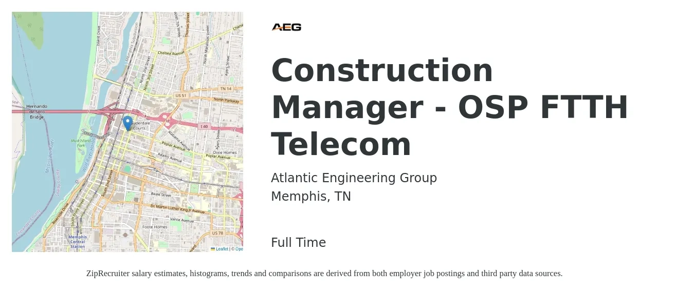 Atlantic Engineering Group job posting for a Construction Manager - OSP FTTH Telecom in Memphis, TN with a salary of $69,000 to $112,200 Yearly with a map of Memphis location.