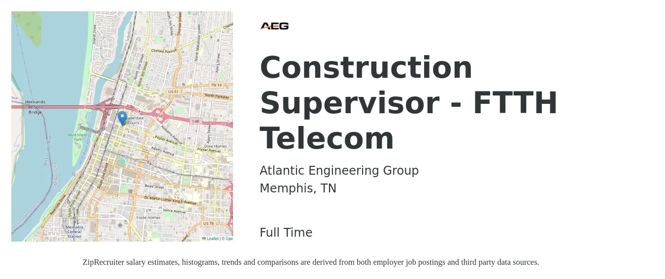 Atlantic Engineering Group job posting for a Construction Supervisor - FTTH Telecom in Memphis, TN with a salary of $69,000 to $112,200 Yearly with a map of Memphis location.