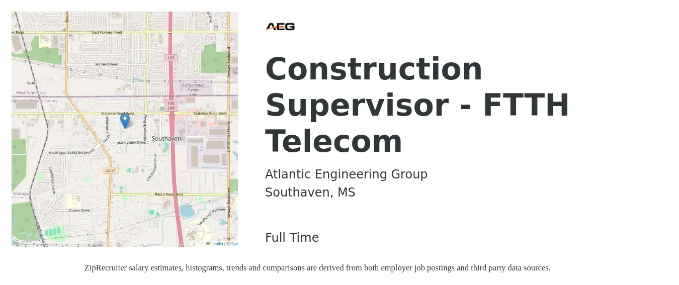 Atlantic Engineering Group job posting for a Construction Supervisor - FTTH Telecom in Southaven, MS with a salary of $66,700 to $108,600 Yearly with a map of Southaven location.