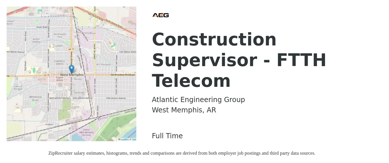 Atlantic Engineering Group job posting for a Construction Supervisor - FTTH Telecom in West Memphis, AR with a salary of $65,400 to $106,500 Yearly with a map of West Memphis location.