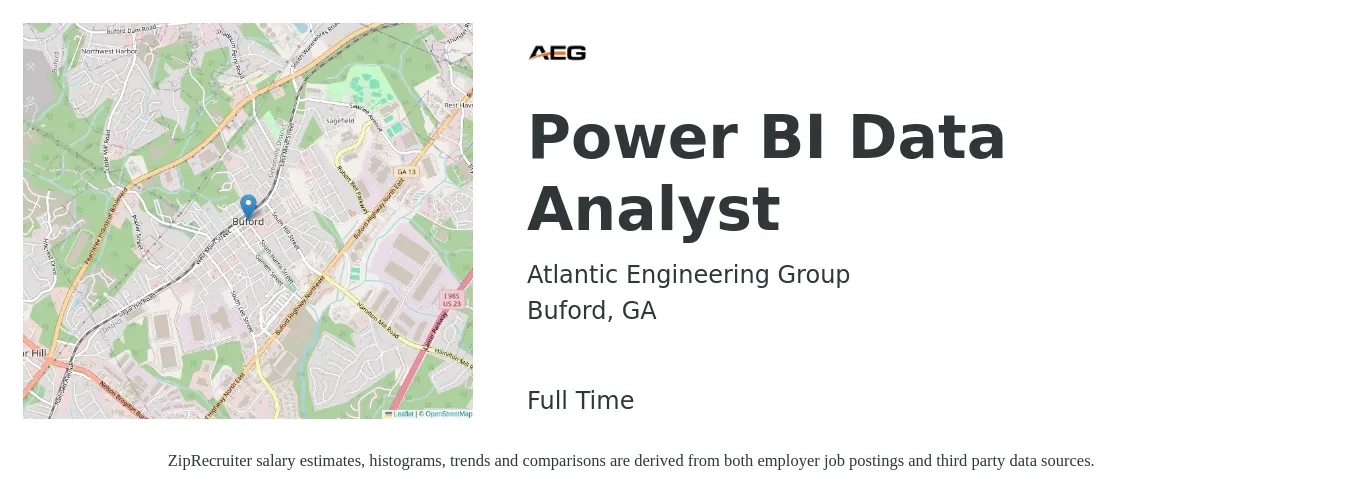 Atlantic Engineering Group job posting for a Power BI Data Analyst in Buford, GA with a salary of $57,000 to $88,400 Yearly with a map of Buford location.
