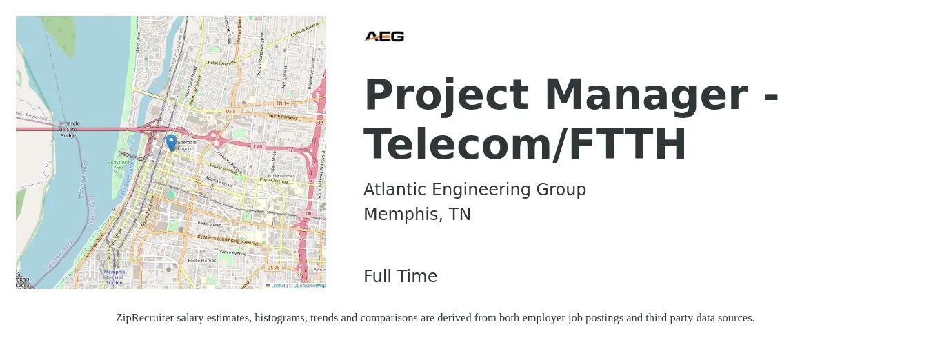 Atlantic Engineering Group job posting for a Project Manager - Telecom/FTTH in Memphis, TN with a salary of $72,900 to $115,600 Yearly with a map of Memphis location.