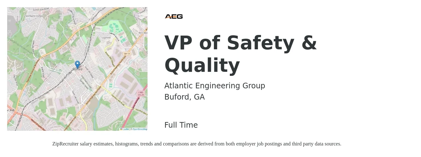 Atlantic Engineering Group job posting for a VP of Safety & Quality in Buford, GA with a salary of $105,300 to $168,700 Yearly with a map of Buford location.